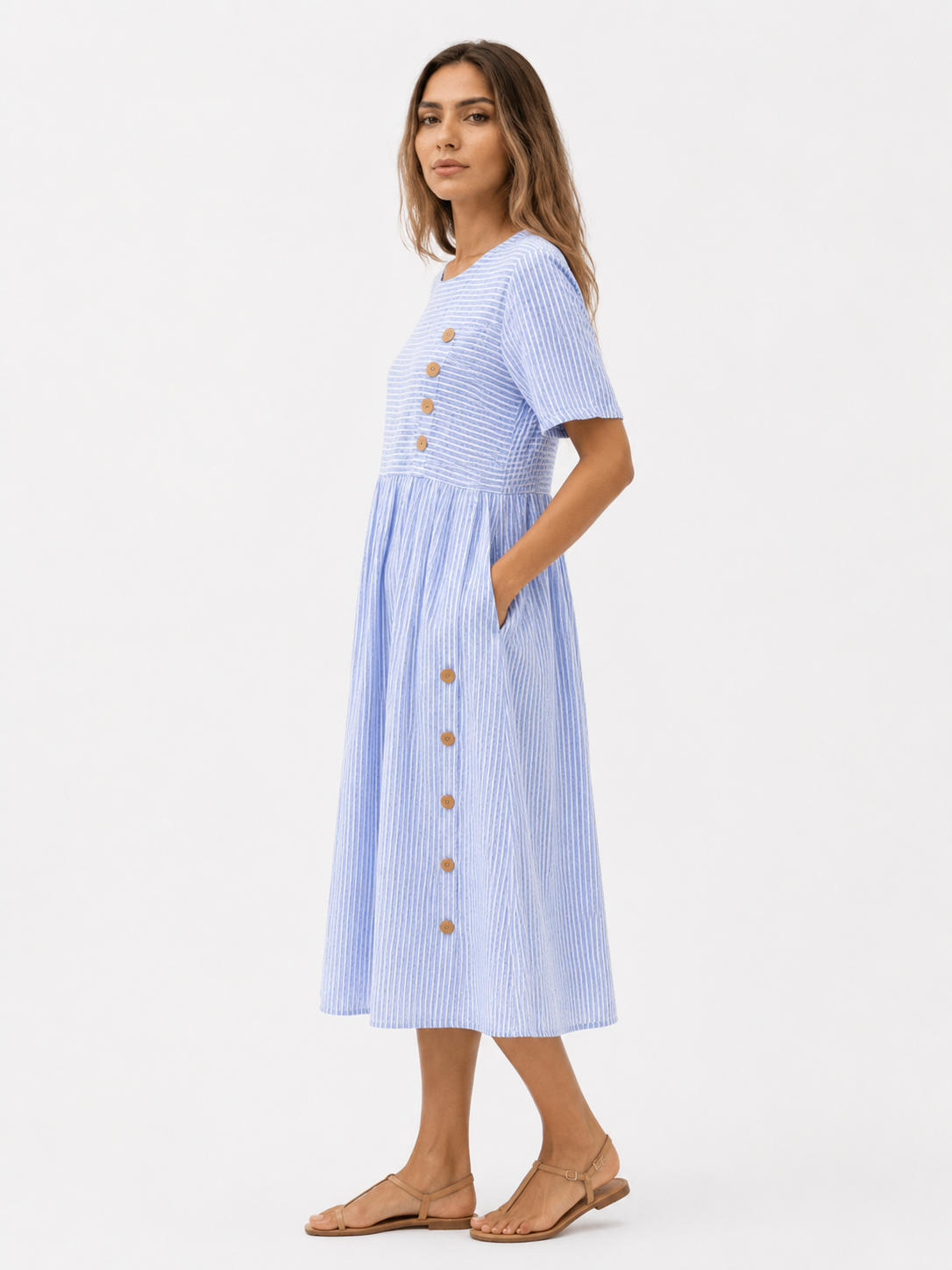 Edna | Stribet Midikjole i Polyester med Korte Ærmer - - Dress - {{ product_tags }