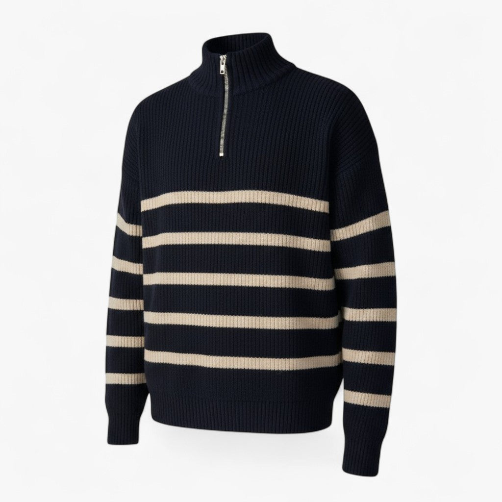 Theo | Herre Halv-Zip Striktrøje med Striber - Sort - Sweatre - {{ product_tags }