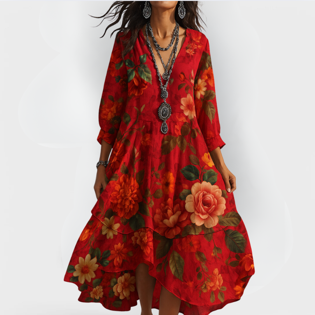 Sommerkjole Dame - Boho Blomstret Stil med V-hals