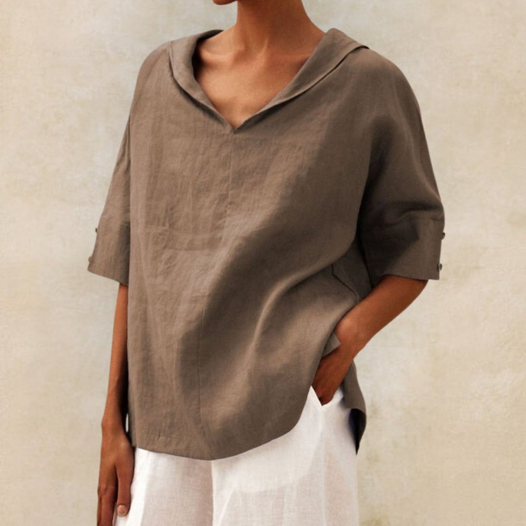 V-hals skjorte dame - Afslappet pasform til sommerlook - Khaki - Kvindeskjorter - {{ product_tags }
