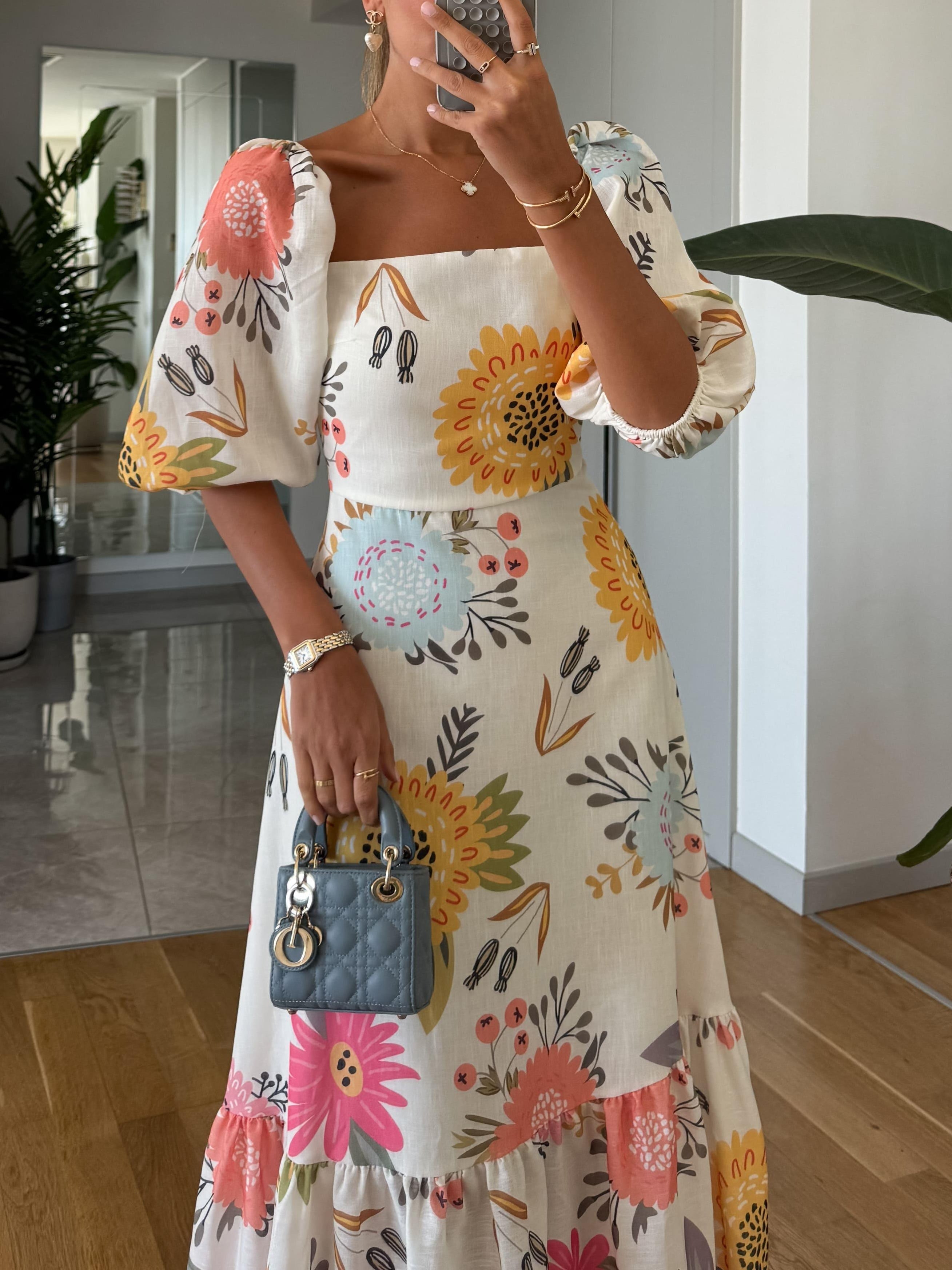 Midikjole med Pufærmer - Blomsterprint, Flerfarvet & Elegant