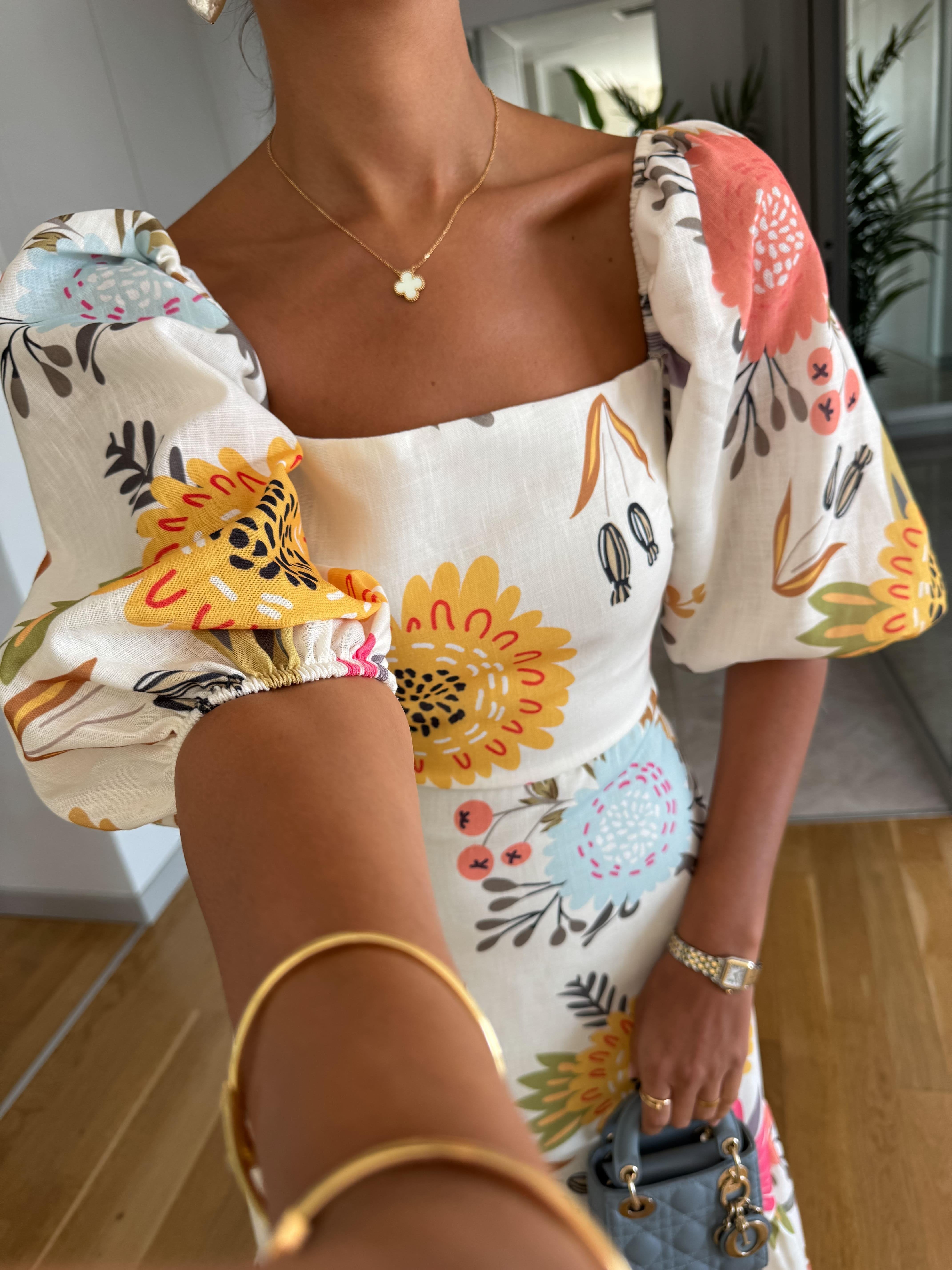 Midikjole med Pufærmer - Blomsterprint, Flerfarvet & Elegant