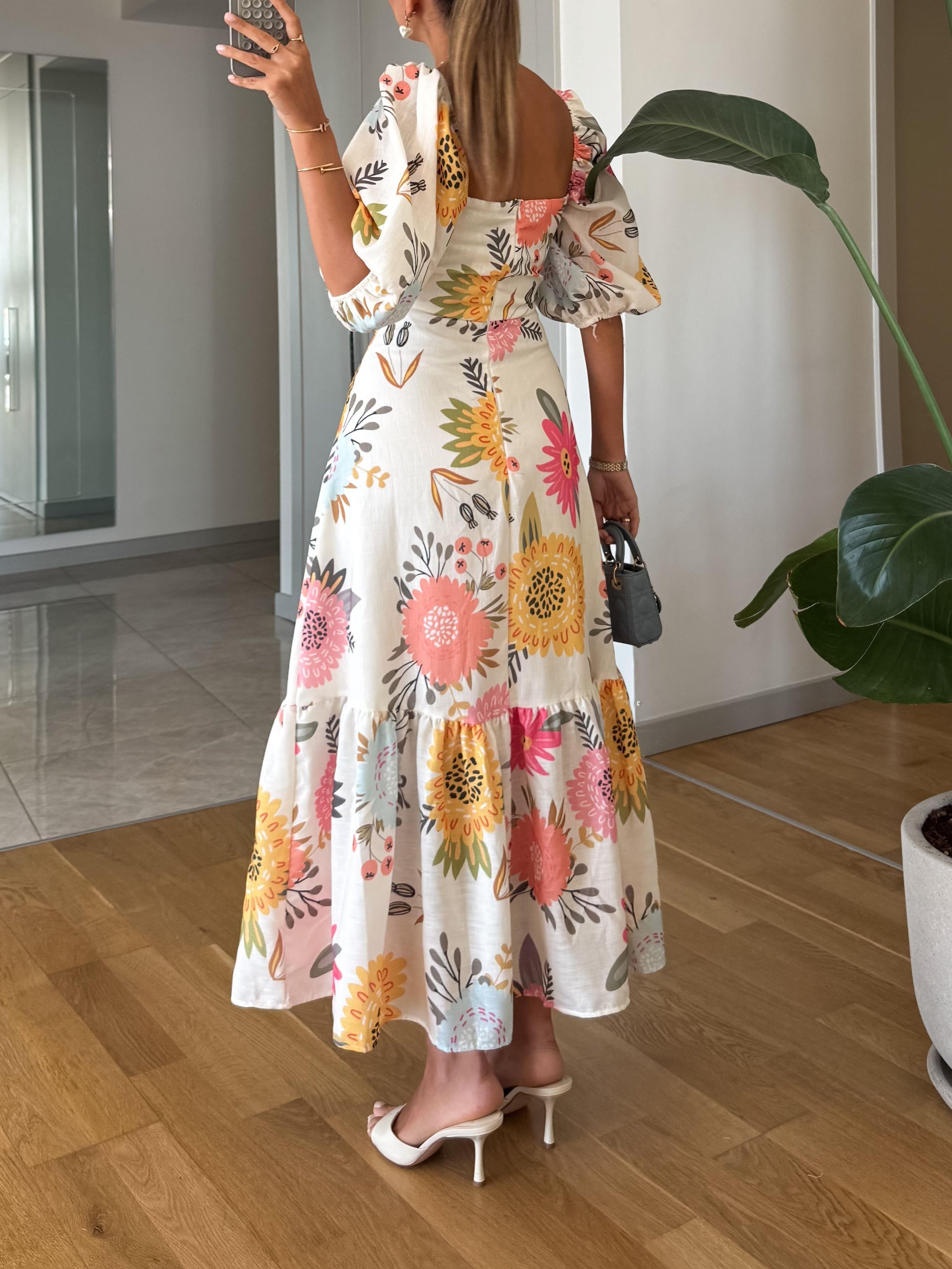 Midikjole med Pufærmer - Blomsterprint, Flerfarvet & Elegant