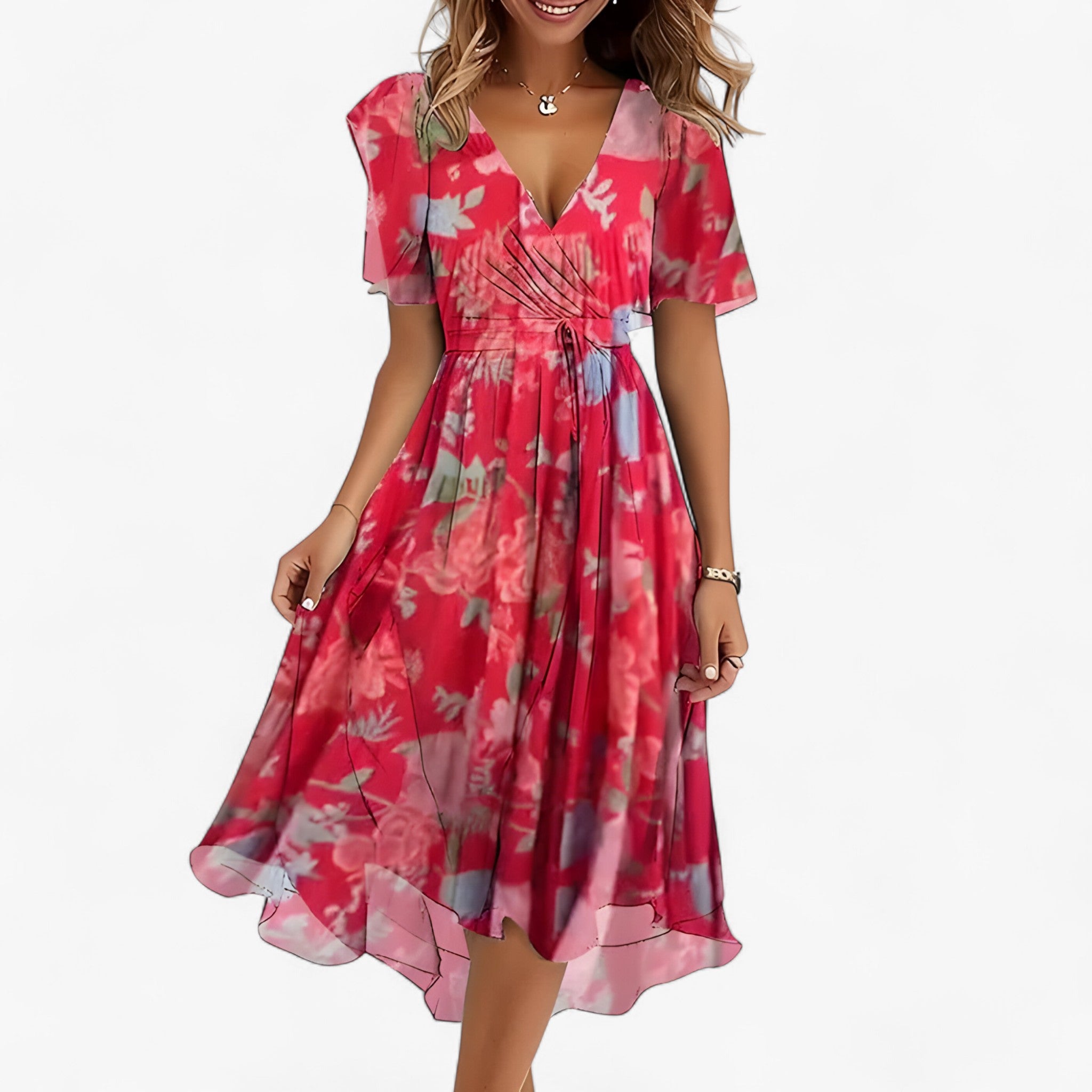 Emilia | Elegant midi kjole med neutral blomsterprint - Rød - women's fashion - {{ product_tags }