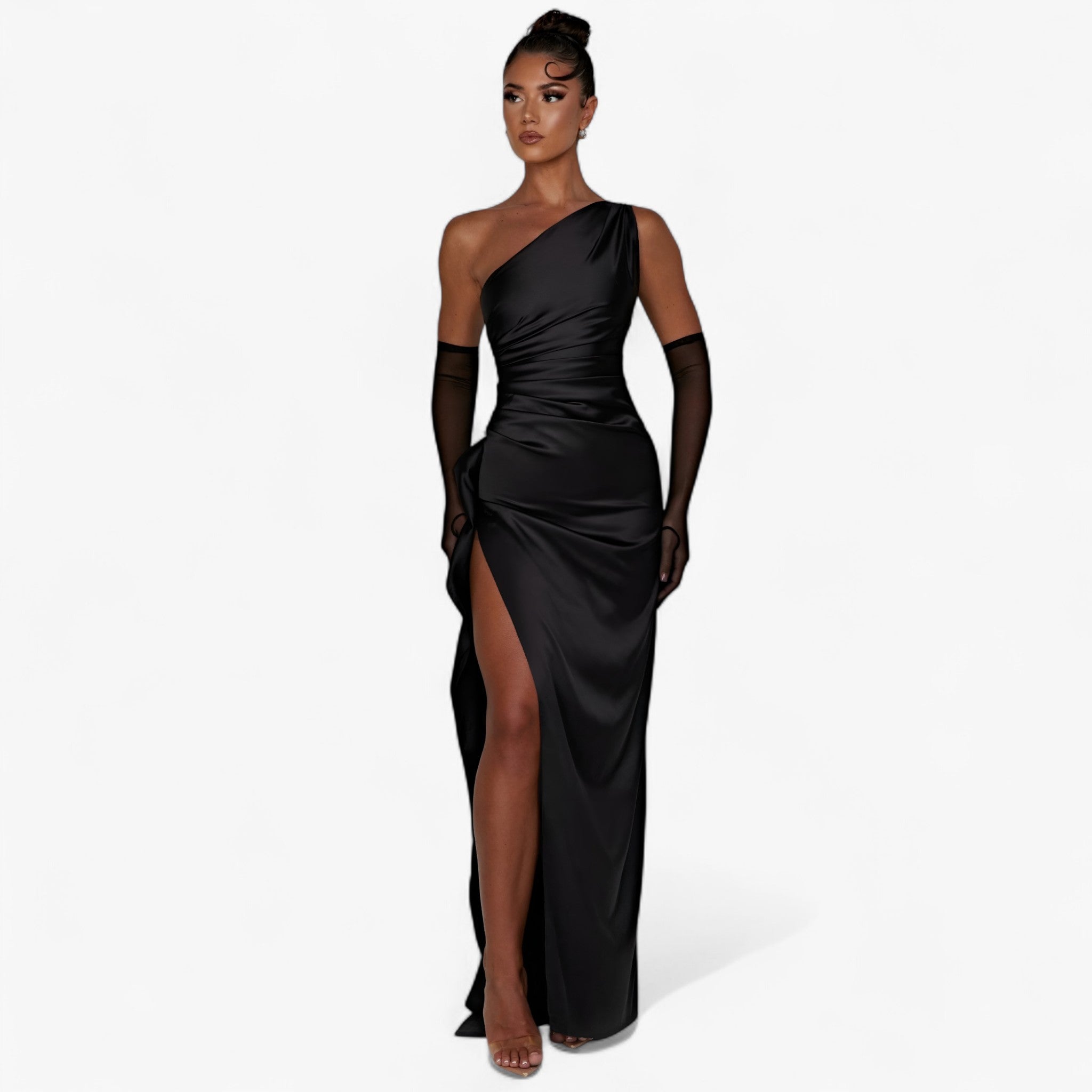 Isolde – Elegant Selskabskjole i Satin, Asymmetrisk med Høj Slids - Nero - women's fashion - {{ product_tags }