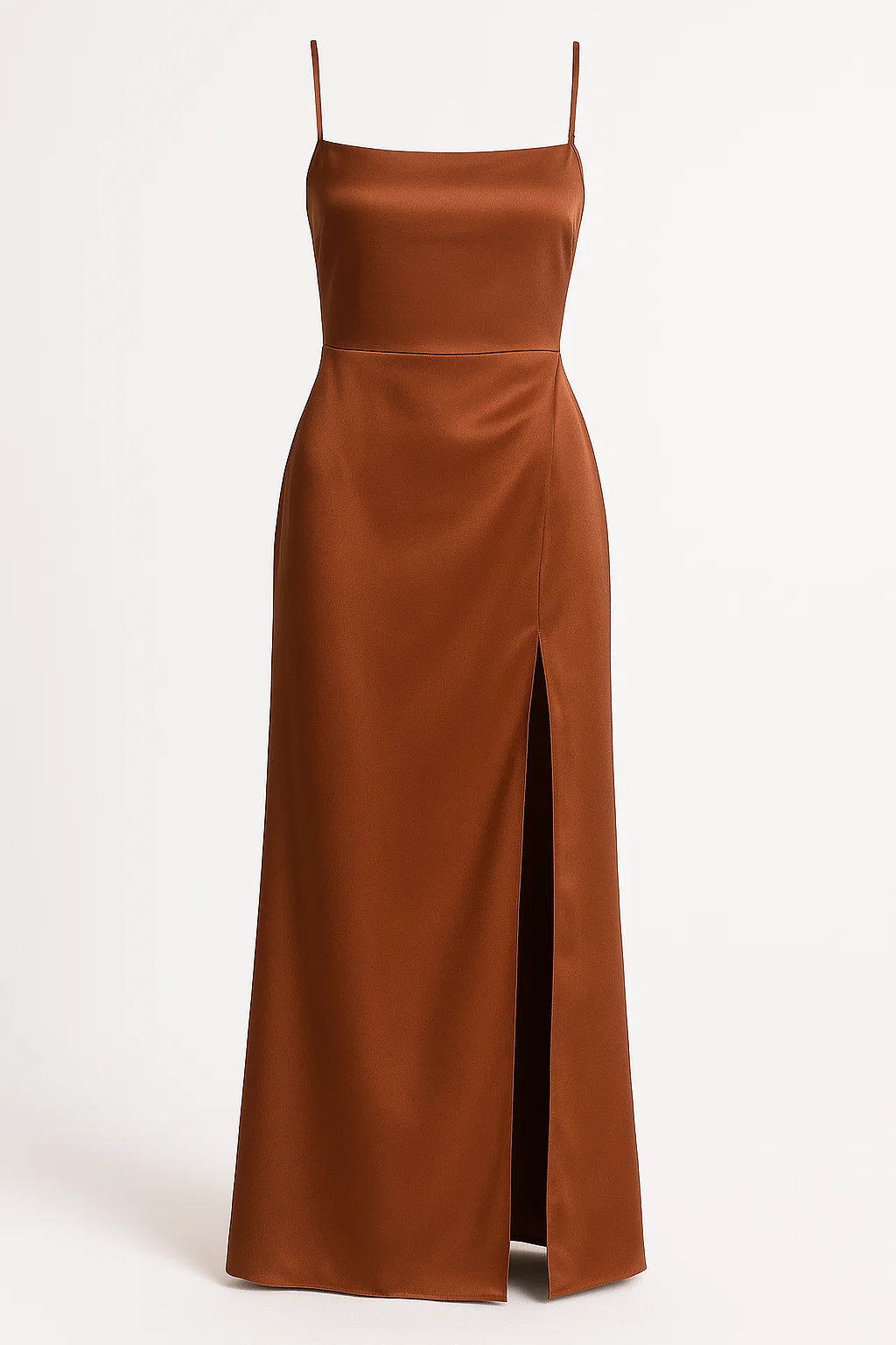 Annelie – Elegant lang satin kjole med sidesplit og tynde stropper - Brun - Annelie – Elegant lang satin kjole med sidesplit og tynde stropper - €25 - {{ product_tags }