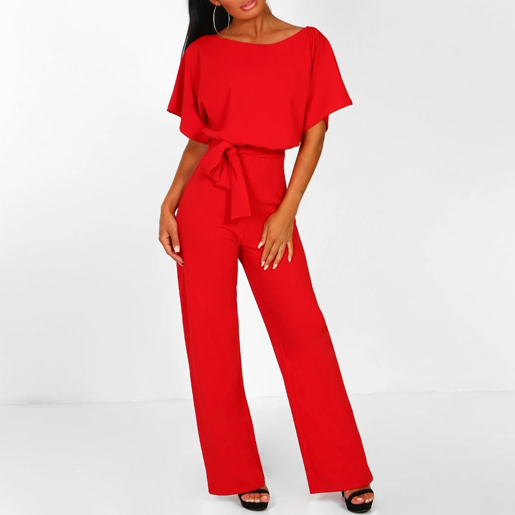 Dame Elegant Jumpsuit med Bælte - Wide Leg Buksedragt