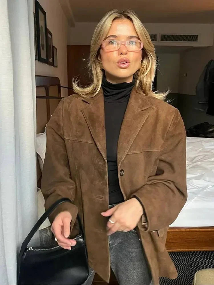 Dame Oversize Blazer - Brun Ruskindslook med Revers
