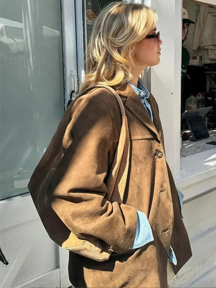Dame Oversize Blazer - Brun Ruskindslook med Revers