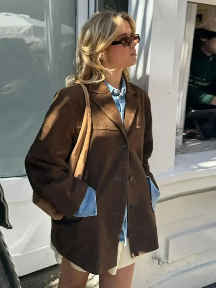 Dame Oversize Blazer - Brun Ruskindslook med Revers