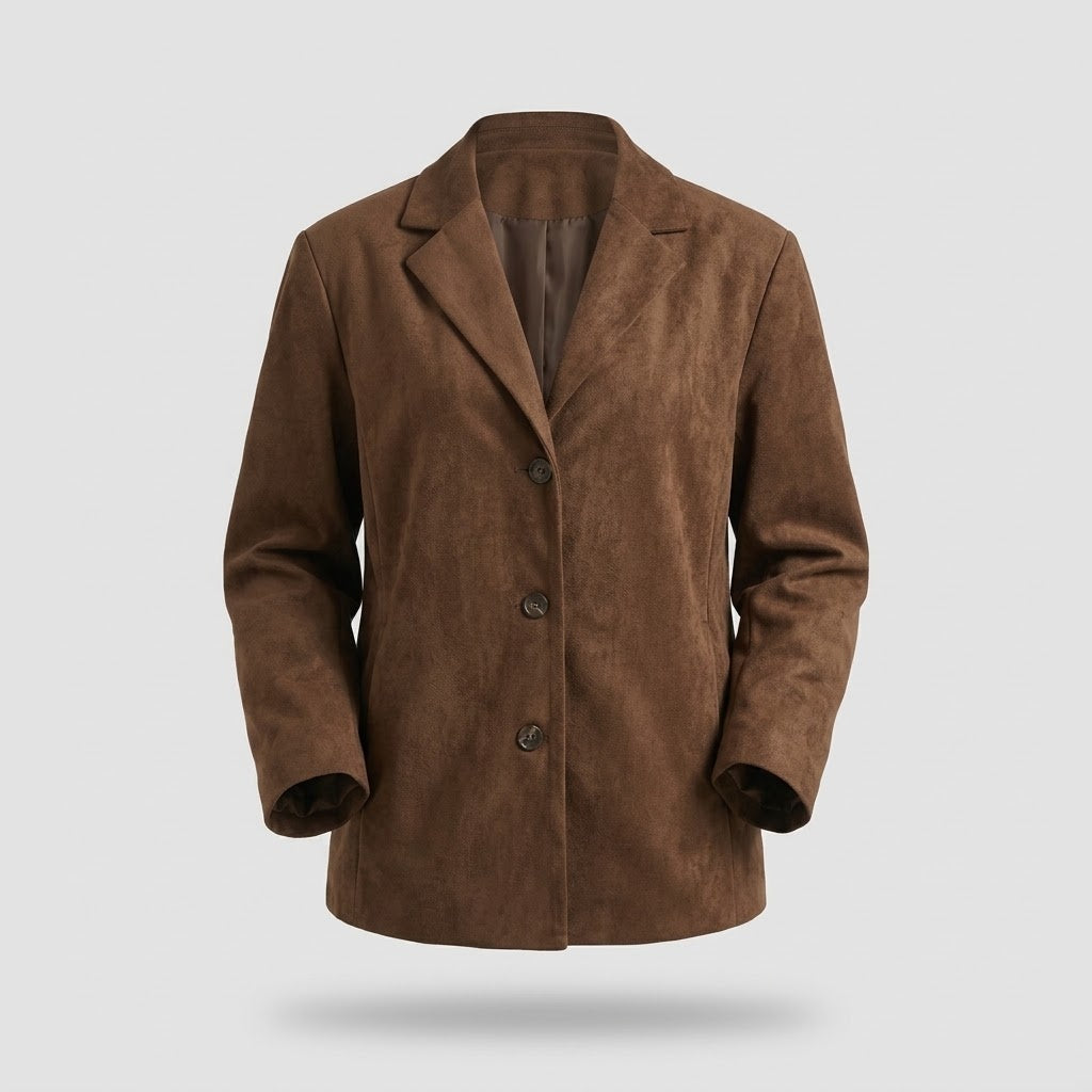 Dame Oversize Blazer - Brun Ruskindslook med Revers