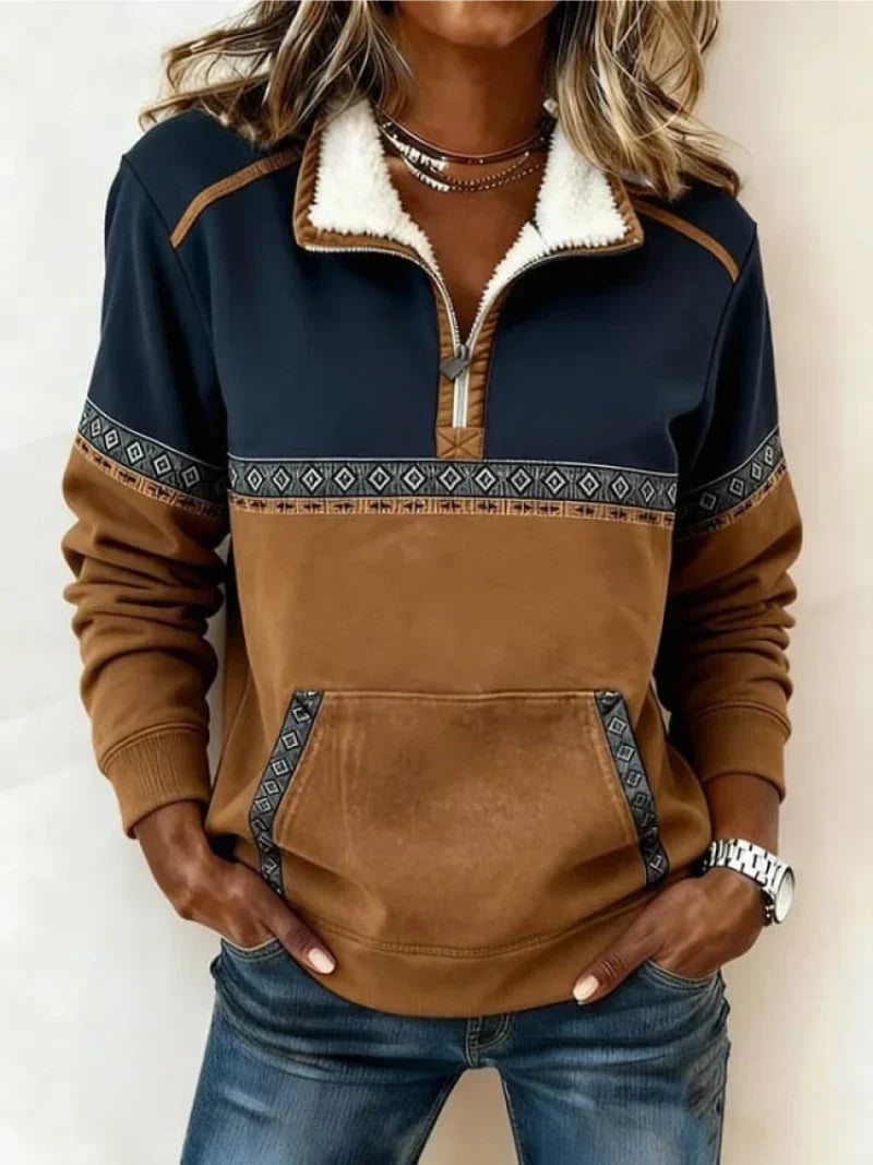 Dame Sweater - Halv Lynlaas med Sherpa-Krave, Cognac