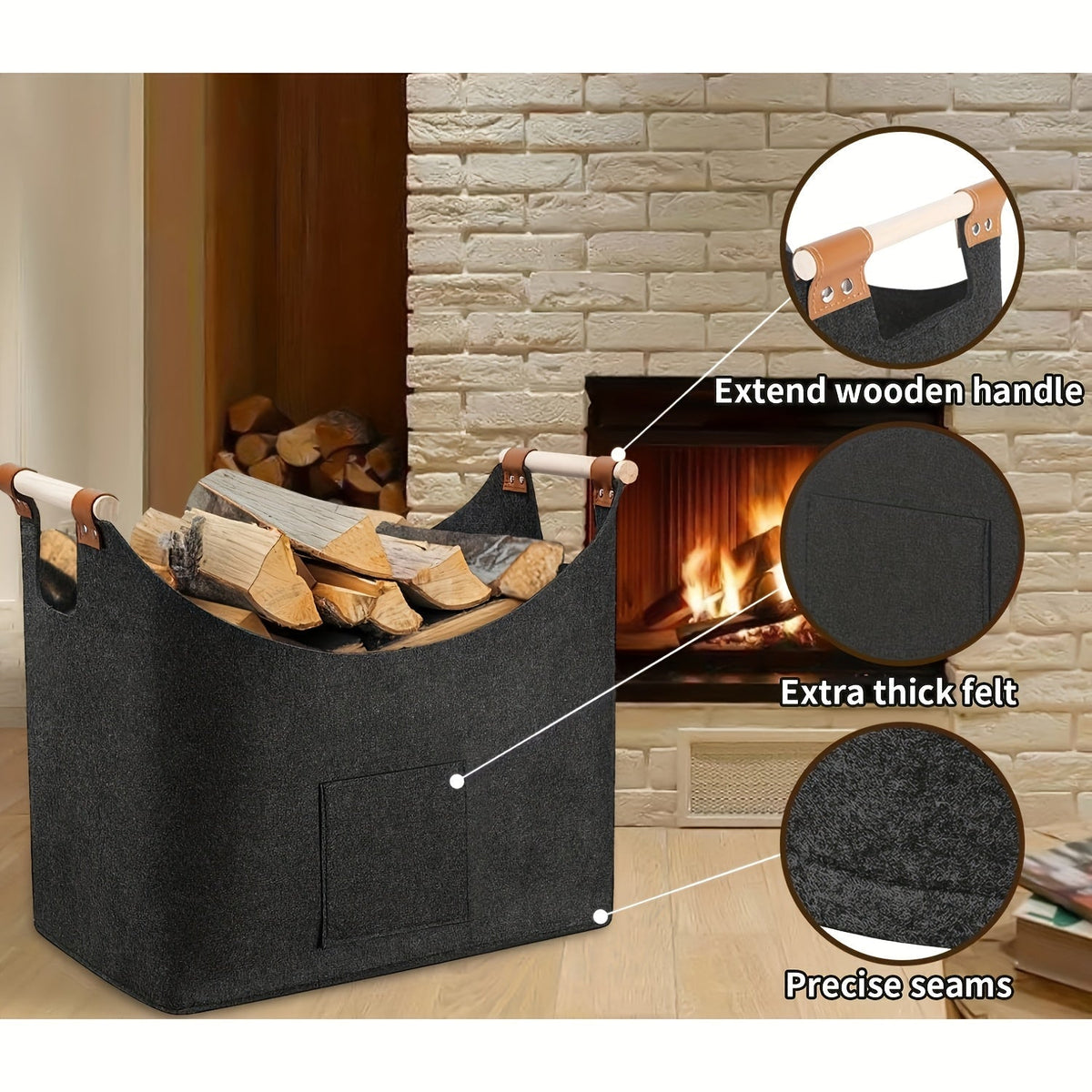 Sammenklappelig Stor Filt Braendekurv med Traehaandtag - - Storage Basket - {{ product_tags }