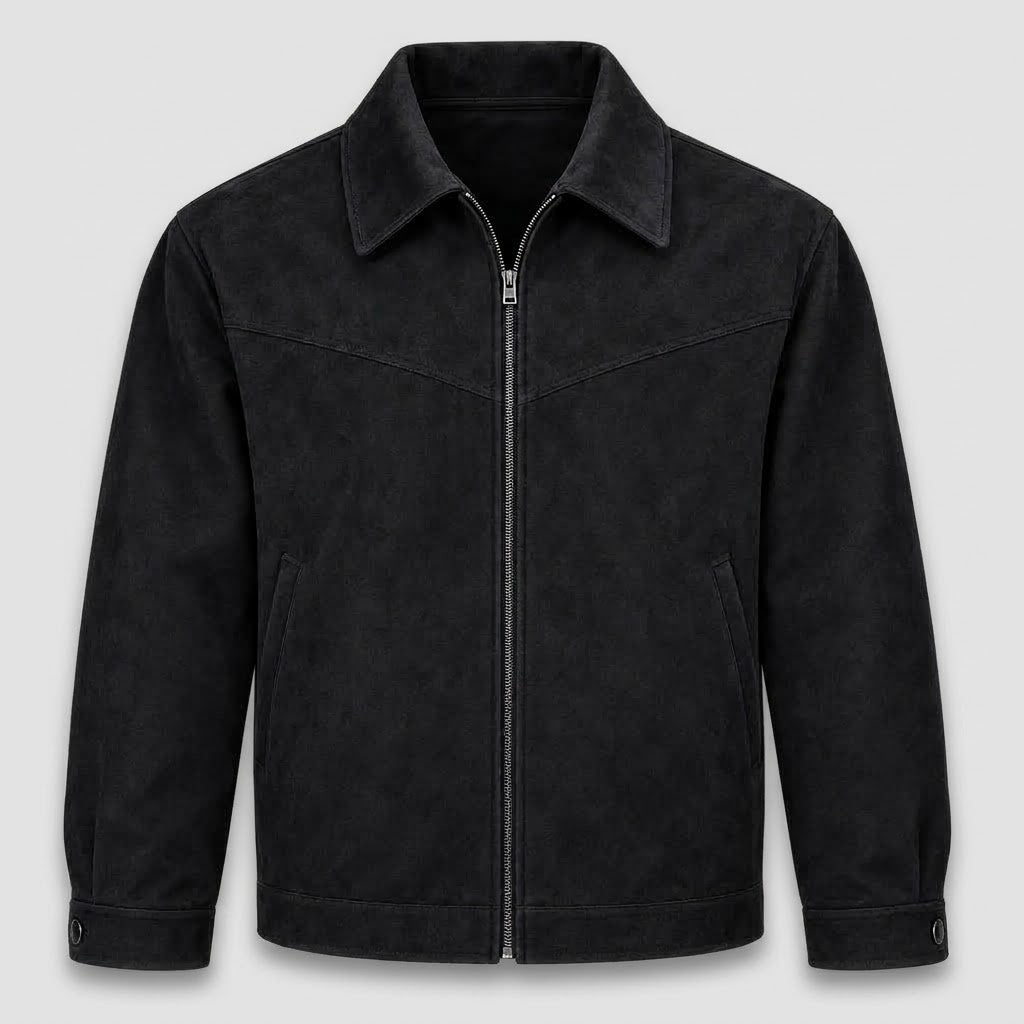 Herre Suede-Look Kort Jakke med Nedfoldet Krave