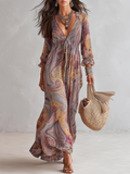 Cecilie | Paisley-Print V-Ausschnitt-Kjole med Taillengürtel