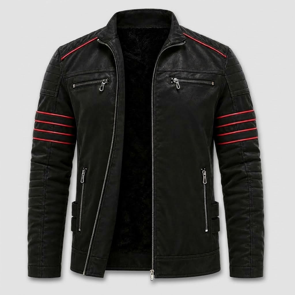 Herre Bikerjakke i Kunstlæder med Kontrastrande - - Kleding en accessoires > Kleding > Buitenkleding > Jassen en jacks - {{ product_tags }