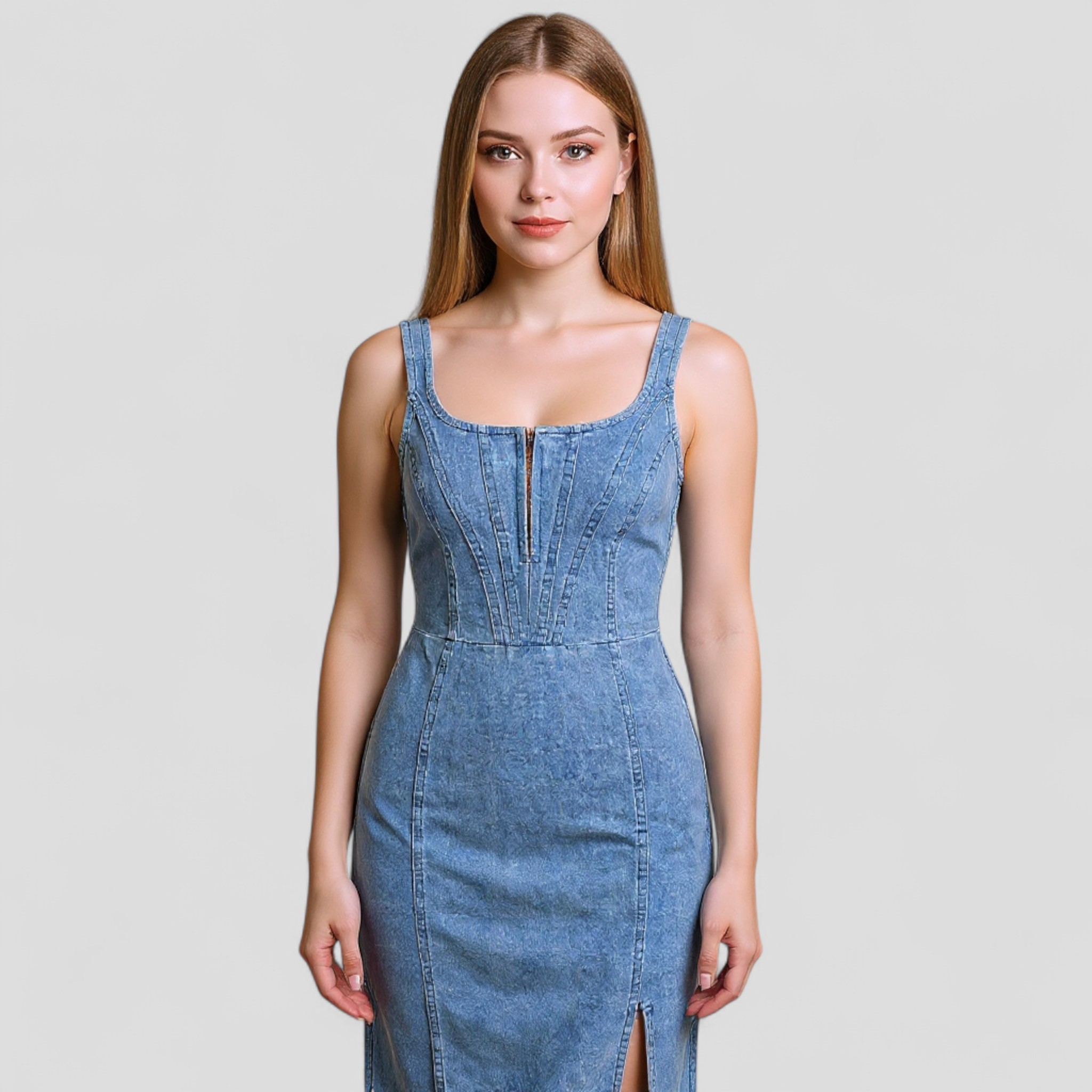 Lennox | Figursyet Denim Midikjole med Slids og Vintage-Perception - - Lennox | Figursyet Denim Midikjole med Slids og Vintage-Perception - €25 - {{ product_tags }