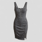 Lennox | Fitted denim midi dress with slit and vintage look