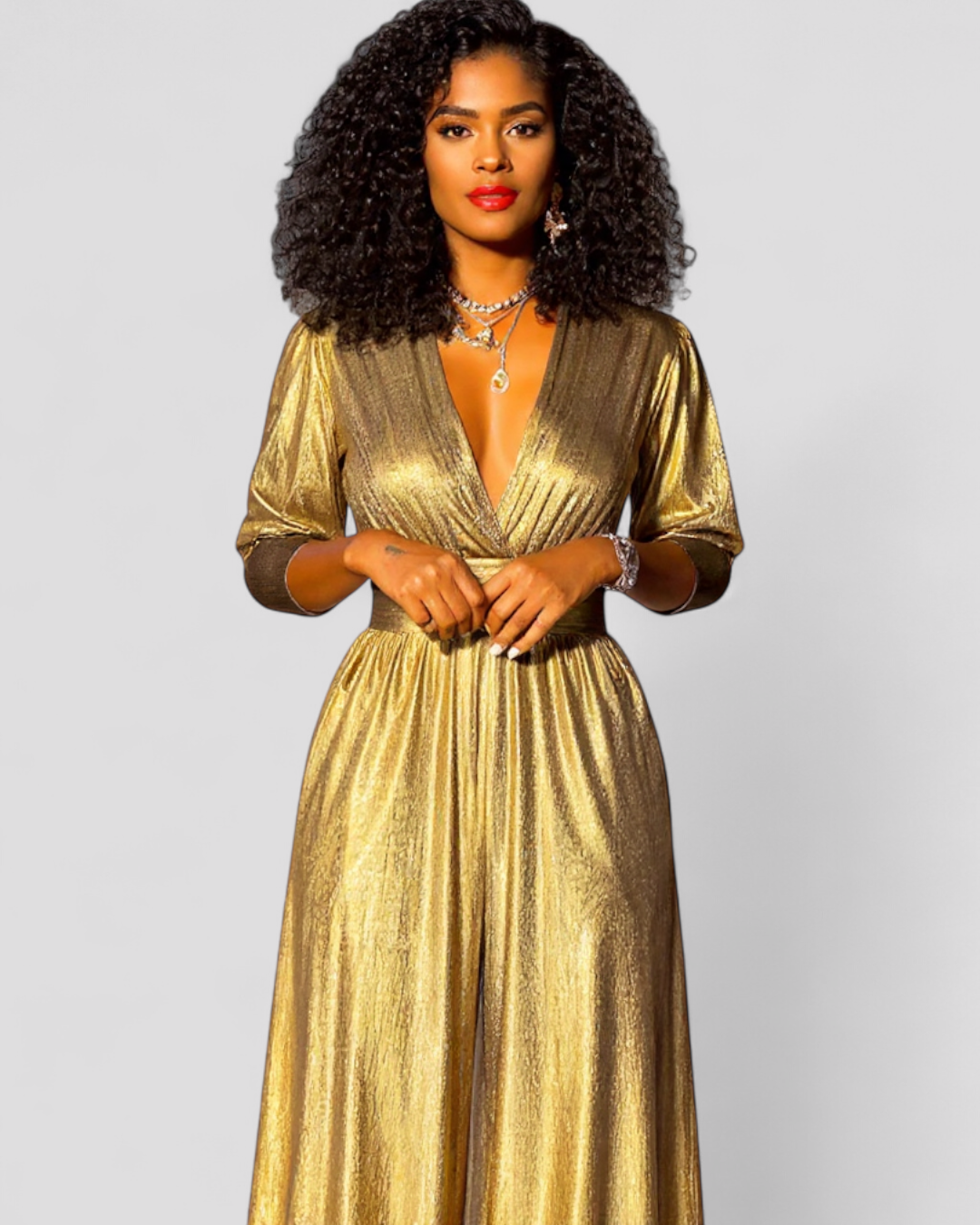 Zara – Elegant metaliseret smaragdgrøn jumpsuit med brede ben - Guld - women's fashion - {{ product_tags }
