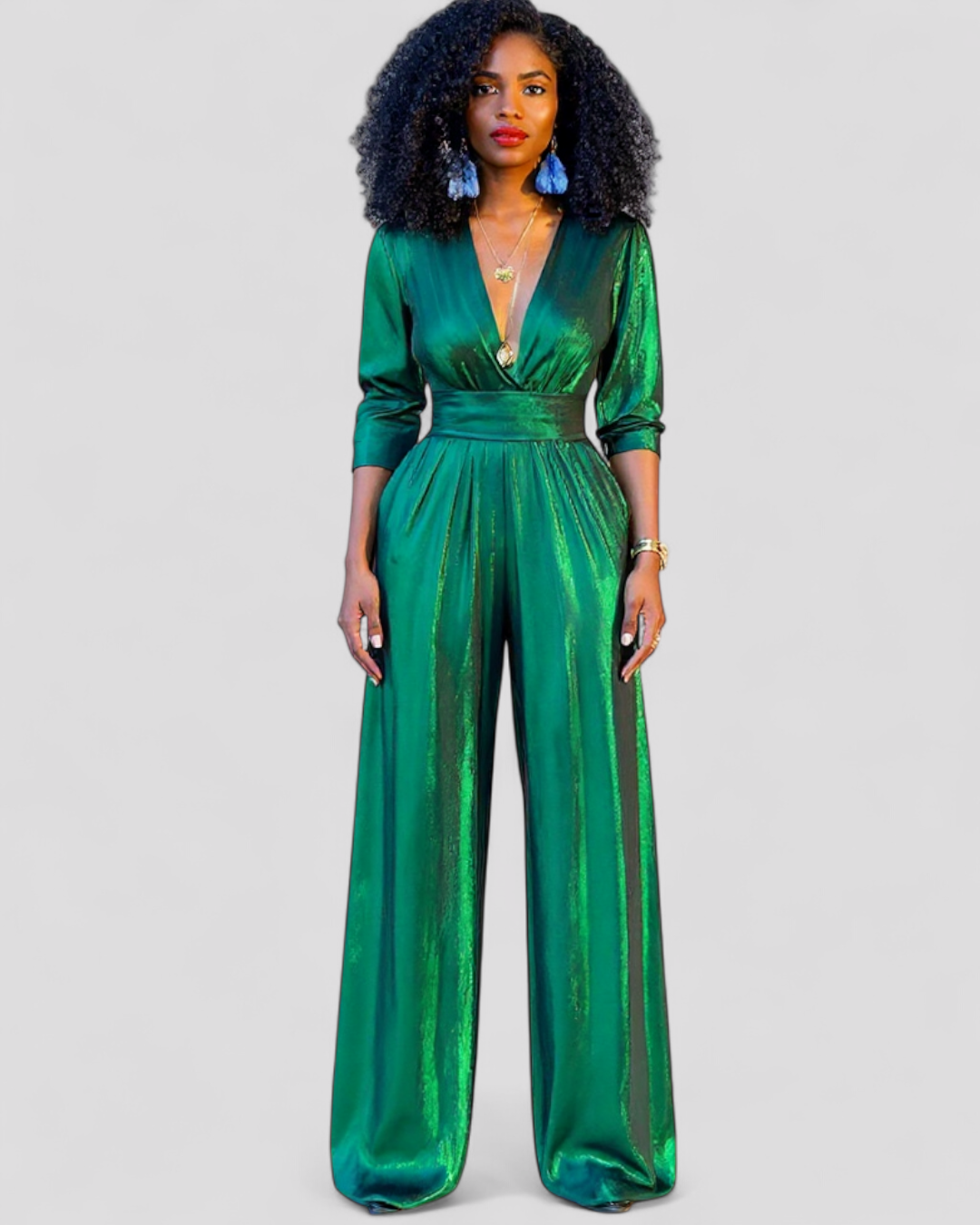 Zara – Elegant metaliseret smaragdgrøn jumpsuit med brede ben - - women's fashion - {{ product_tags }
