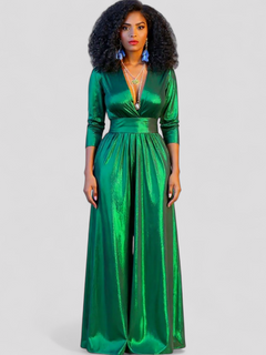 Zara – Elegant metaliseret smaragdgrøn jumpsuit med brede ben