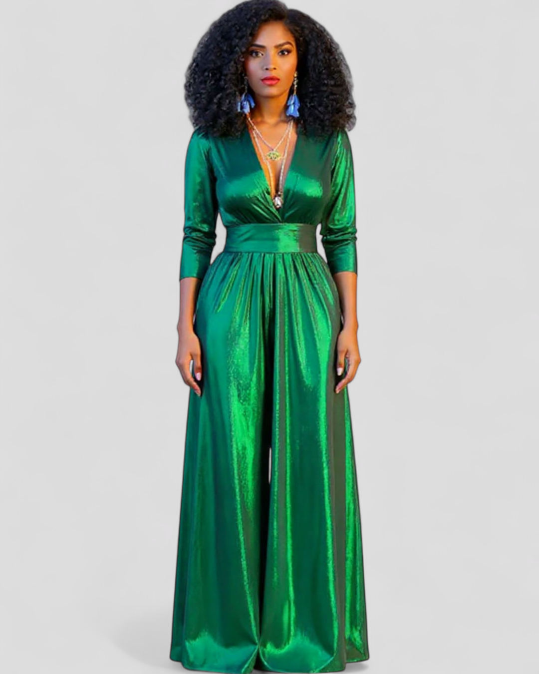 Zara – Elegant metaliseret smaragdgrøn jumpsuit med brede ben - Grøn - women's fashion - {{ product_tags }