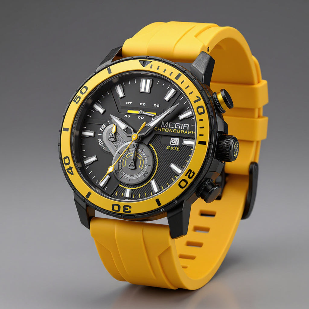 Herreur med kronograf, 44mm - Keramisk krans og silikonrem - Kanariegul - - {{ product_tags }