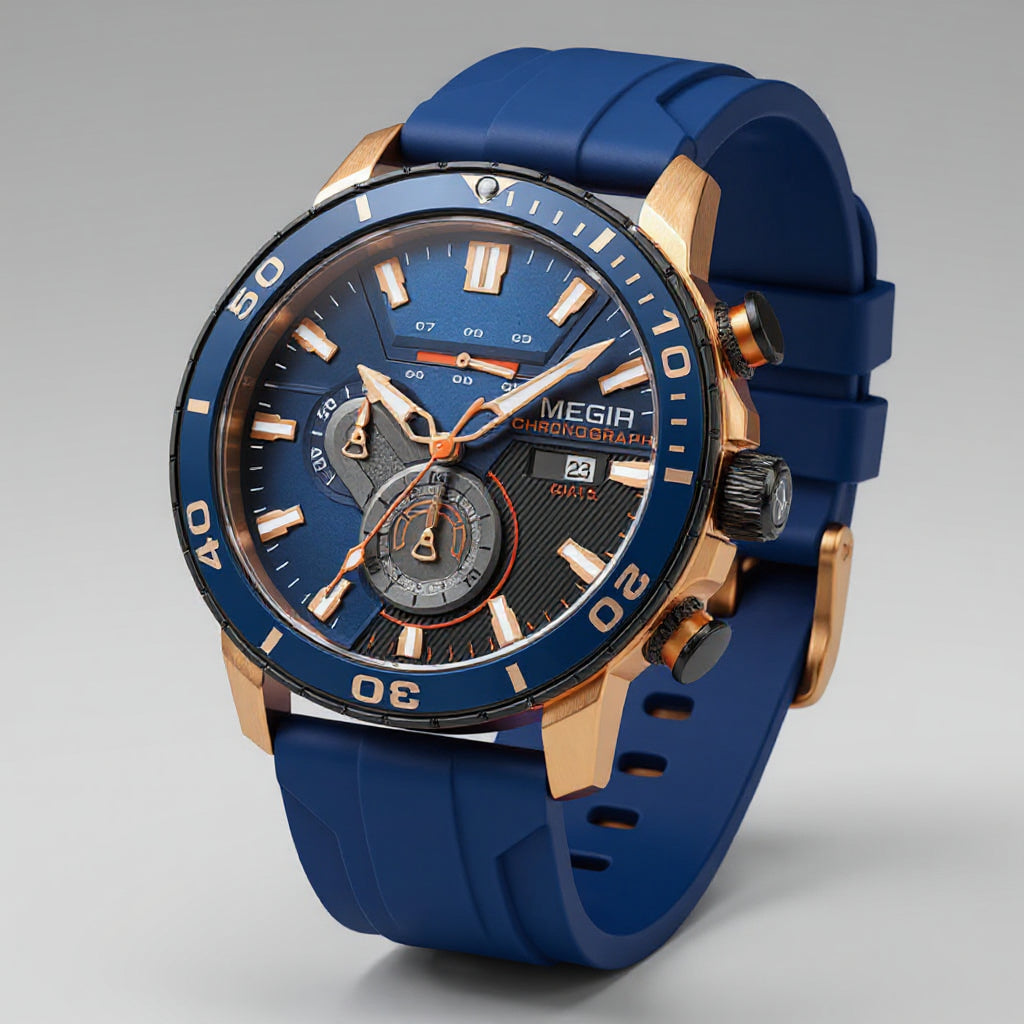 Herreur med kronograf, 44mm - Keramisk krans og silikonrem - Kongeblå - - {{ product_tags }