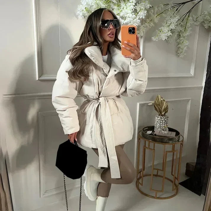 Dame Baeltet Dunjakke med Staakrave - - Coat - {{ product_tags }
