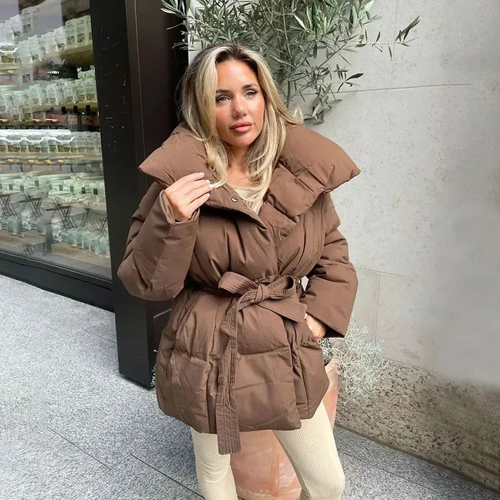 Dame Baeltet Dunjakke med Staakrave - Brun - Coat - {{ product_tags }