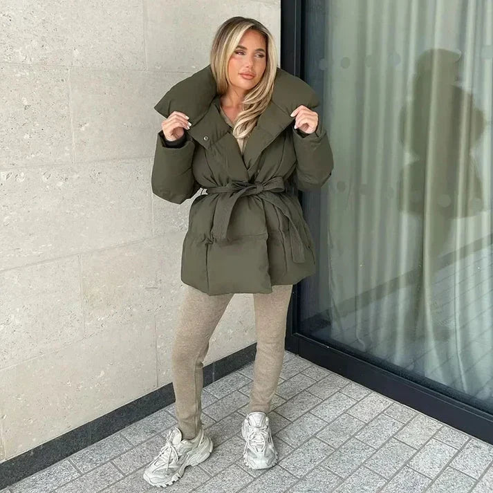 Dame Baeltet Dunjakke med Staakrave - Moerkegroen - Coat - {{ product_tags }