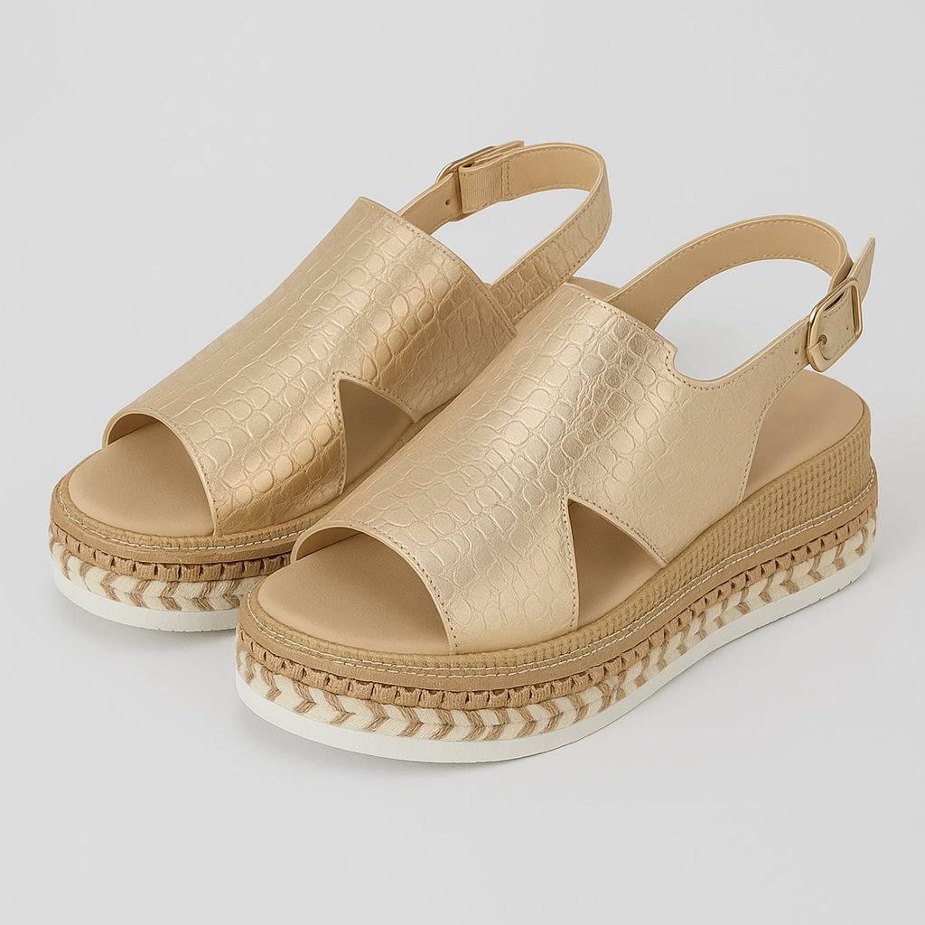 Viviana | Guld Plateau Sandaler med krokodilleder-look og justerbart rem - Guld - Viviana | Guld Plateau Sandaler med krokodilleder-look og justerbart rem - €25 - {{ product_tags }