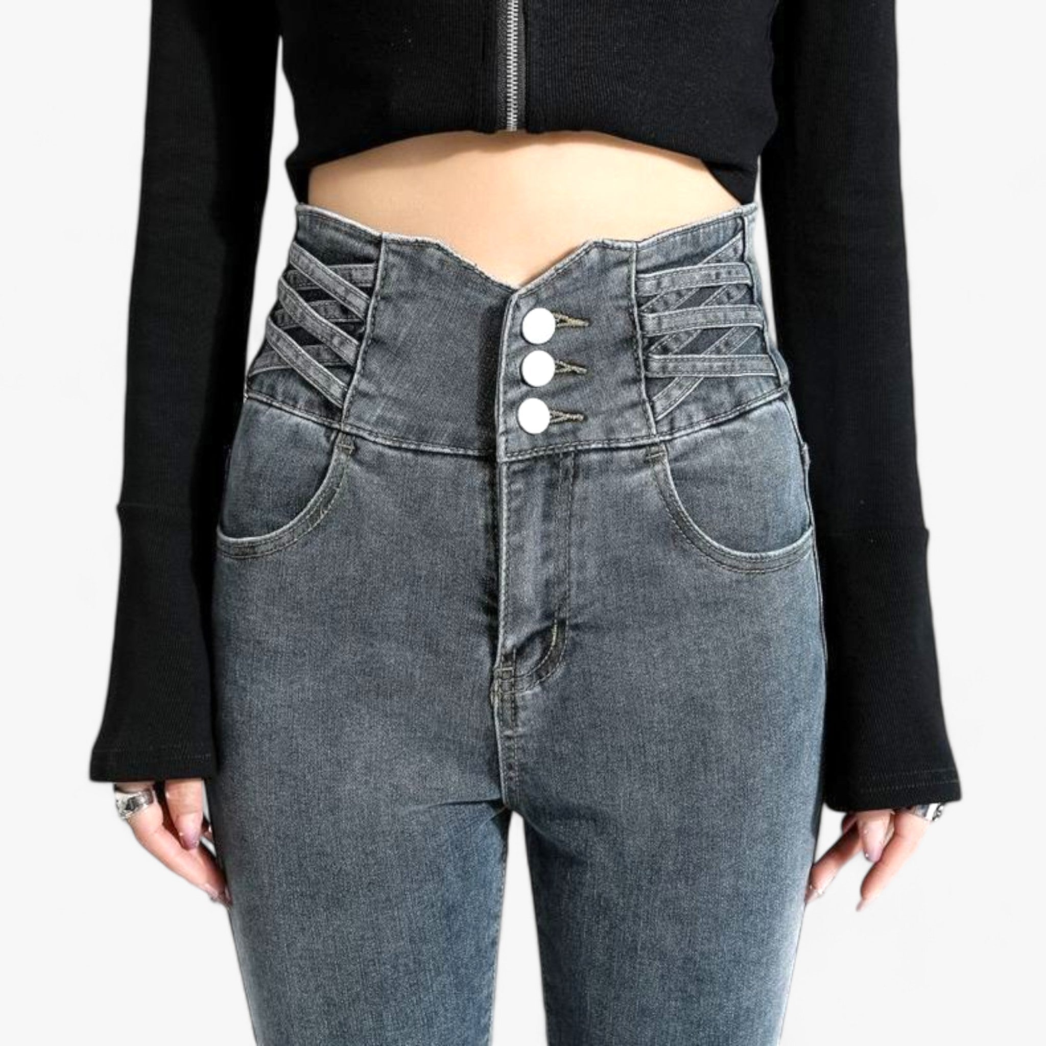 Nina | Skinny Pencil Jeans - Slim stretch for en flatterende pasform - Grå 3 Knapper - Nina | Skinny Pencil Jeans - Slim stretch for en flatterende pasform - €25 - {{ product_tags }