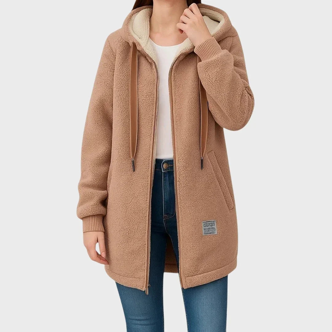 Dameteddyjakke med haette og lynlaas - Brun - Jacket - {{ product_tags }