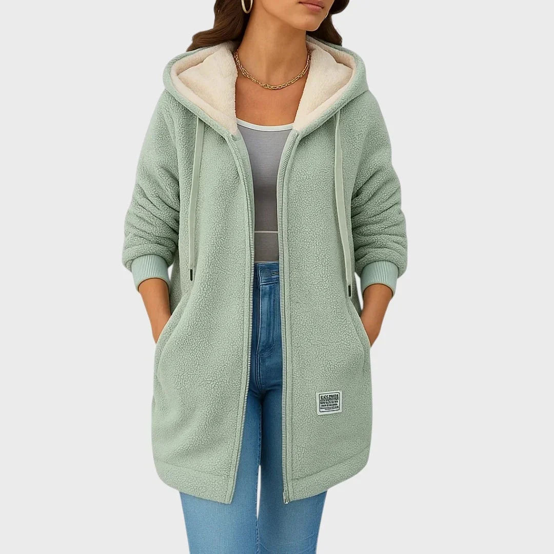 Dameteddyjakke med haette og lynlaas - Groen - Jacket - {{ product_tags }
