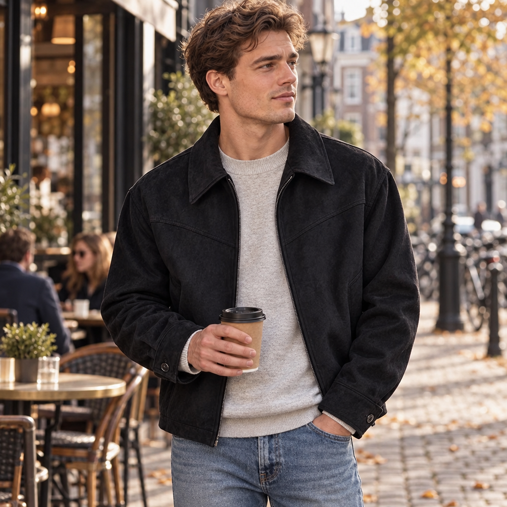 Herre Suede-Look Kort Jakke med Nedfoldet Krave