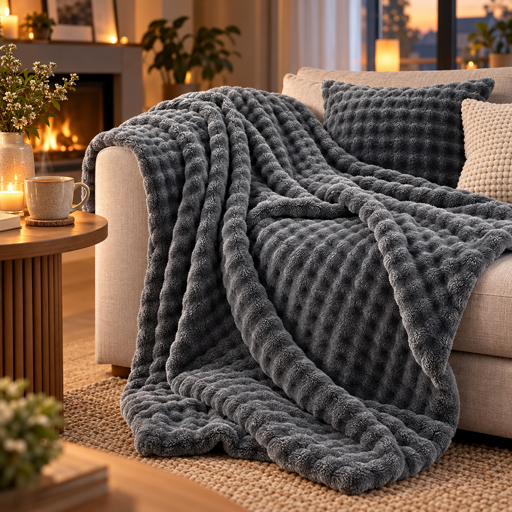 Struktureret Koralfleece Plaid til Sofa og Seng - - Huis en tuin > Linnengoed > Beddengoed > Dekens - {{ product_tags }