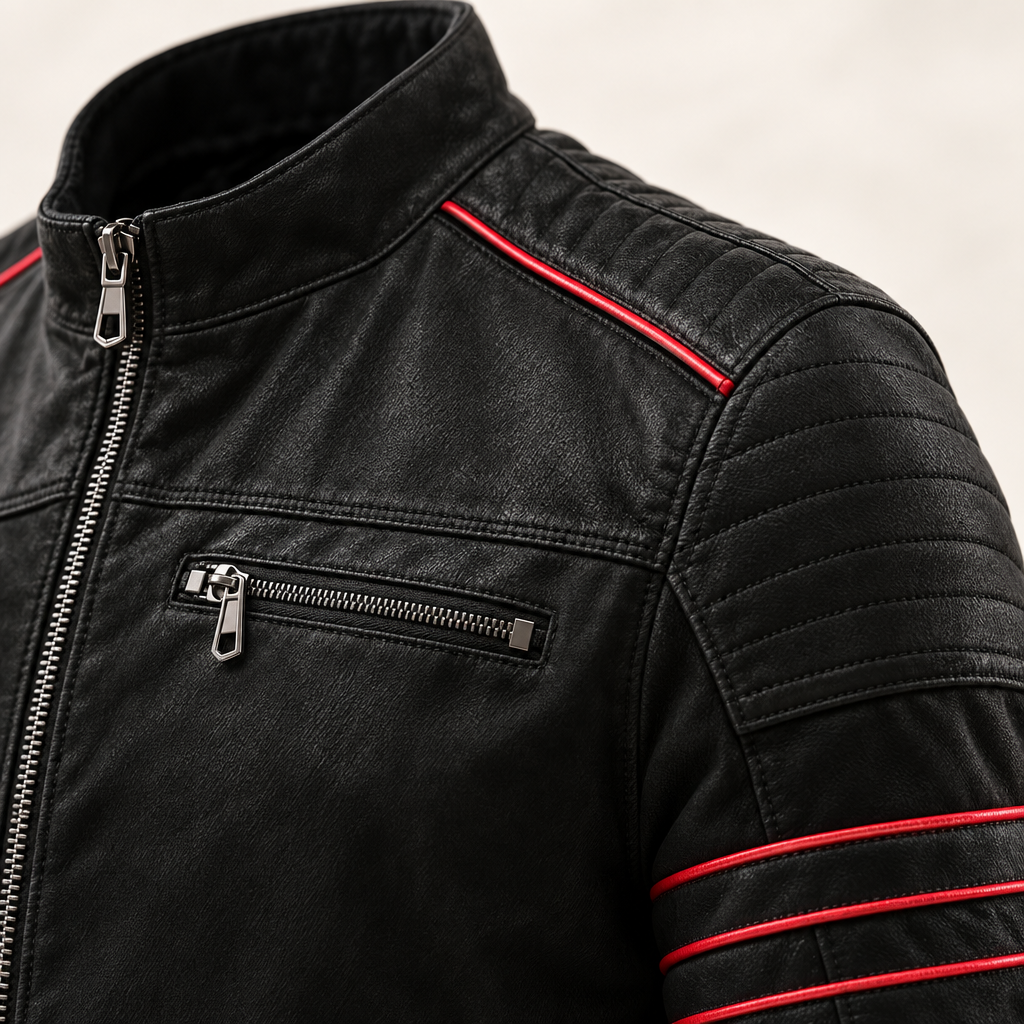 Herre Bikerjakke i Kunstlæder med Kontrastrande - - Kleding en accessoires > Kleding > Buitenkleding > Jassen en jacks - {{ product_tags }