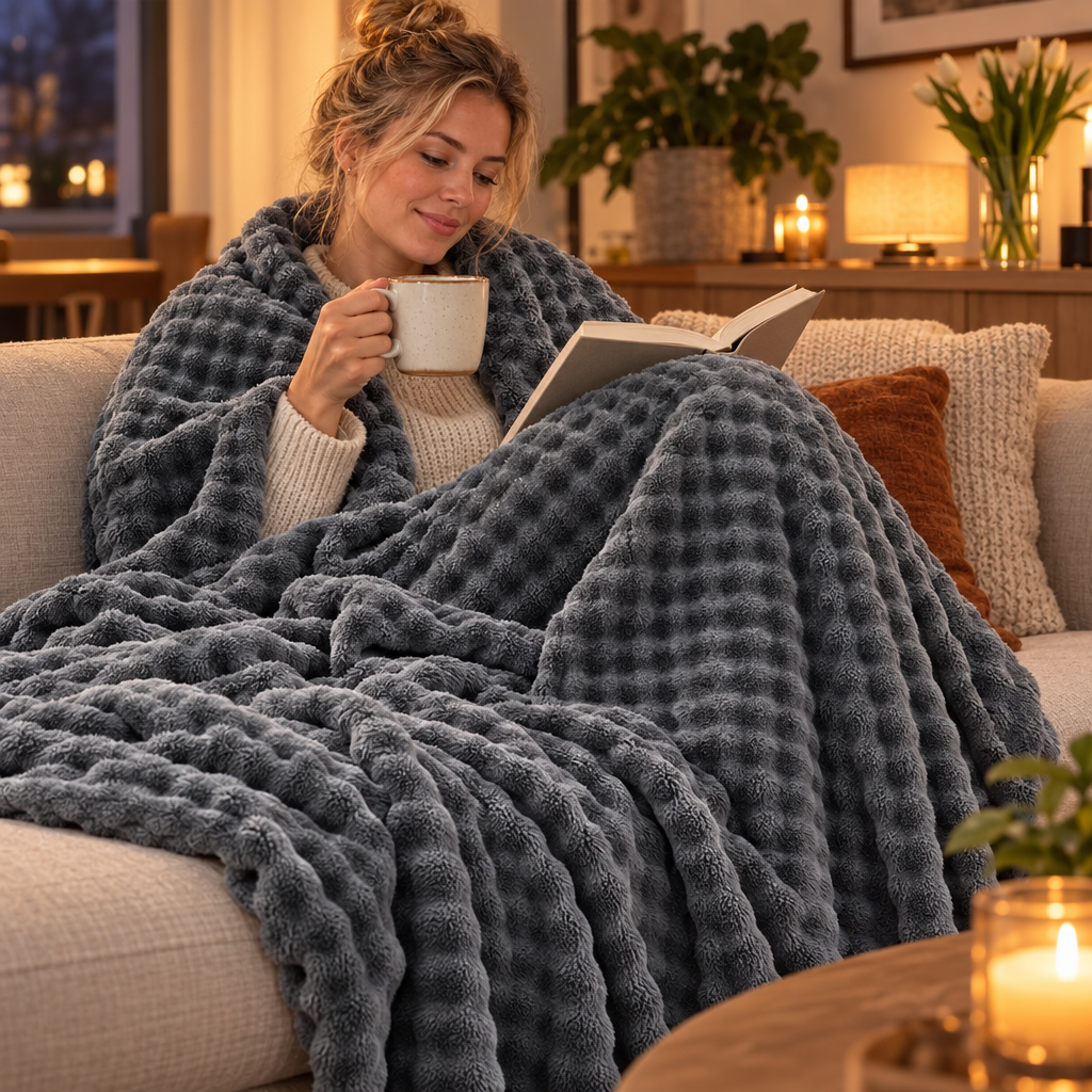 Struktureret Koralfleece Plaid til Sofa og Seng - - Huis en tuin > Linnengoed > Beddengoed > Dekens - {{ product_tags }