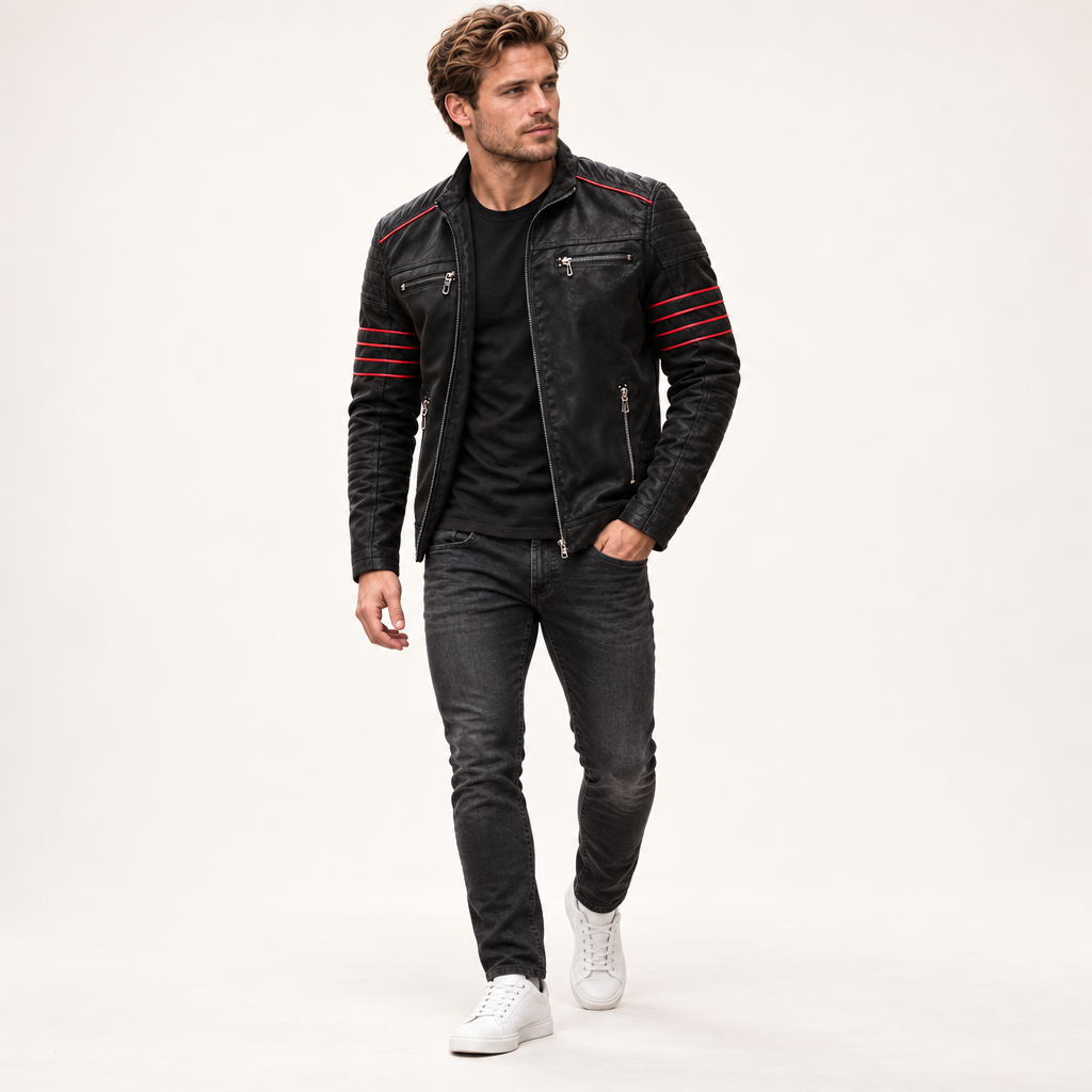 Herre Bikerjakke i Kunstlæder med Kontrastrande - - Kleding en accessoires > Kleding > Buitenkleding > Jassen en jacks - {{ product_tags }