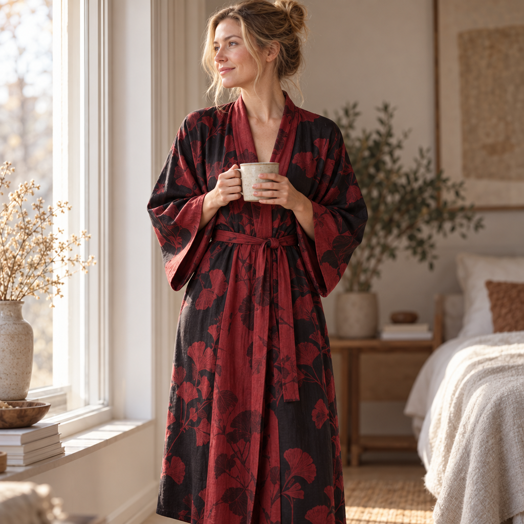 Bomuld Kimono Badekåbe med Vendbart Bladmønster - - Kleding en accessoires > Kleding > Nachtkleding en loungewear > Kamerjassen - {{ product_tags }