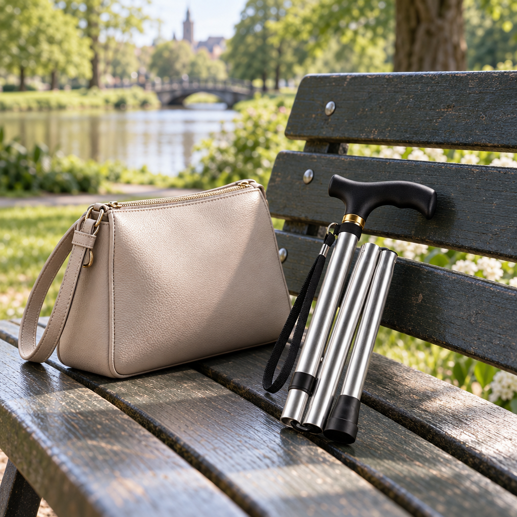 Foldbar Aluminium Gåstok med T-Håndtag og Håndledsrem