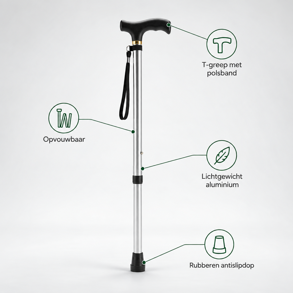 Foldbar Aluminium Gåstok med T-Håndtag og Håndledsrem