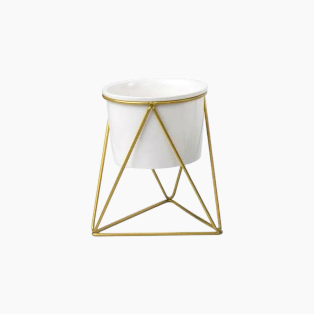Keramikblomsterkrukke med jernstativ | Moderne overtop til luftpudser og sukkulenter - Hvid krukke Guld ram - house & garden - {{ product_tags }