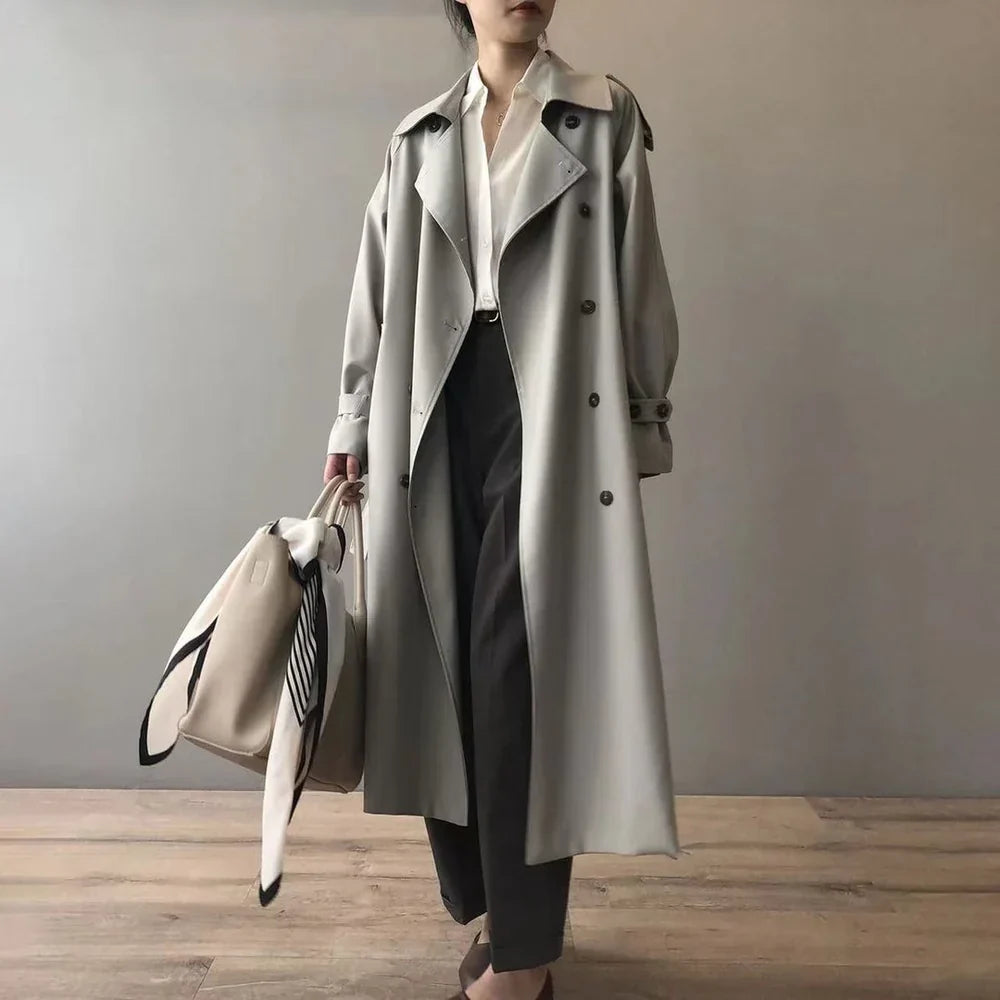 Damelang trenchcoat med revers-krave - Graa - Coat - {{ product_tags }