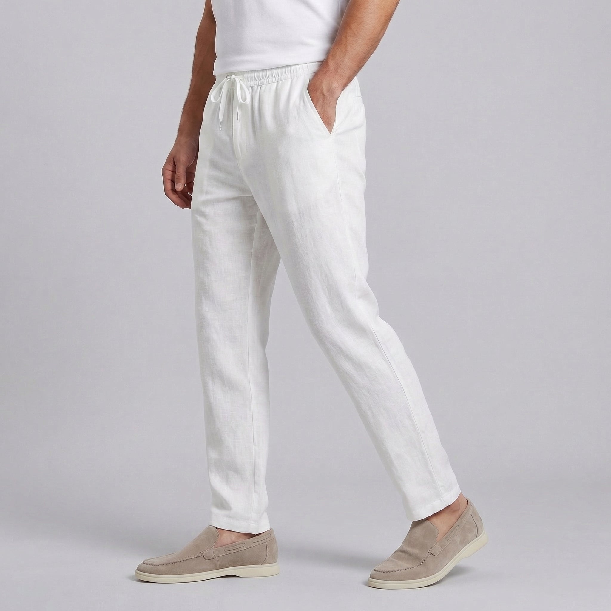 Hør Bukser Herre Wide Leg Casual Sommer - Hvid - Herrebukser - {{ product_tags }
