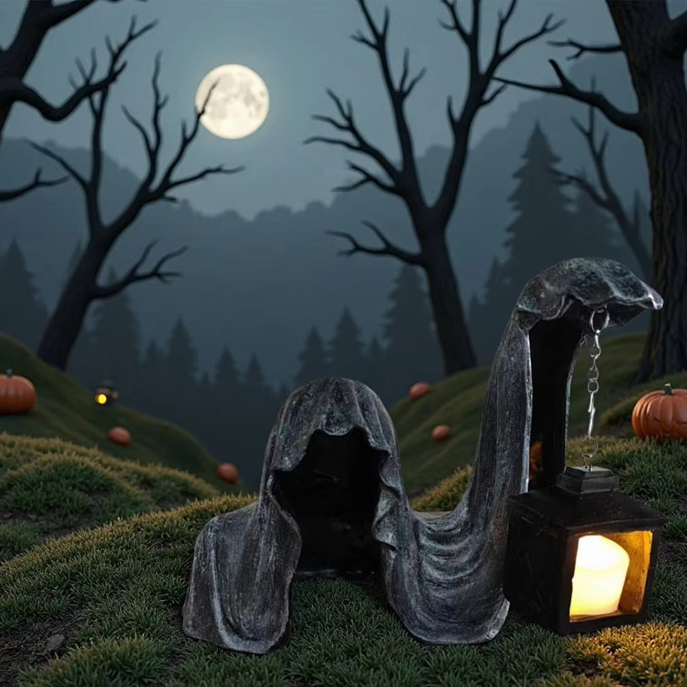 Spøgelsesfigur med Lanterne - Lysende Halloween-dekoration, Grå