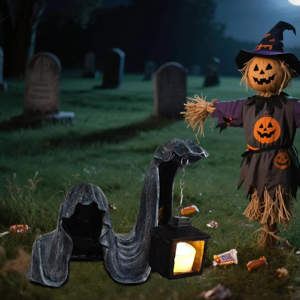 Spøgelsesfigur med Lanterne - Lysende Halloween-dekoration, Grå