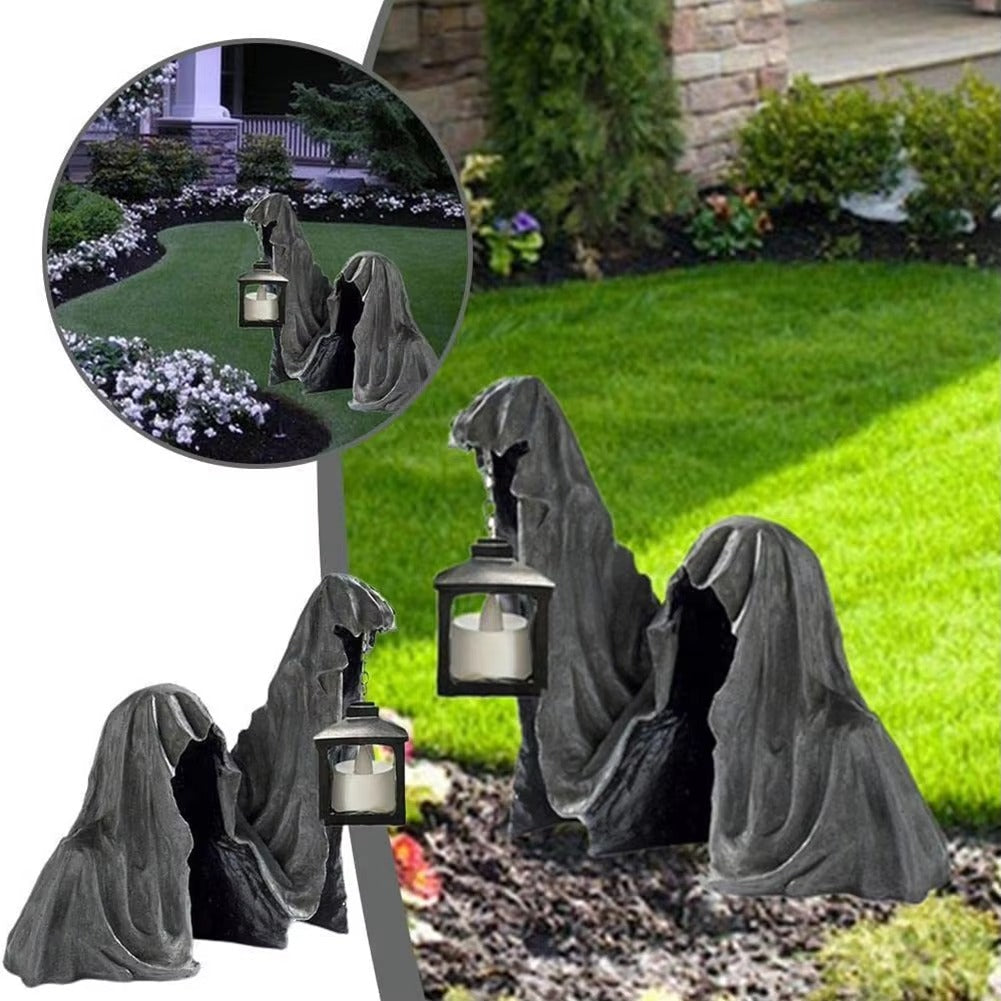 Spøgelsesfigur med Lanterne - Lysende Halloween-dekoration, Grå