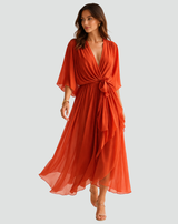 Elegant Women's Midi Dress with Wrap Neckline and Tie Belt